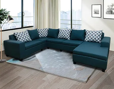 Florac Sofa - 4 Seaters With Longue - Blue Fabric (WFL-FLORAC-07-BU-S)