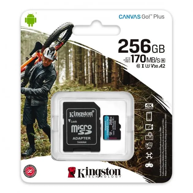 Kingston Canvas Go! Plus microSD Card 256GB Class 10, UHS-I, U3, V30, A2